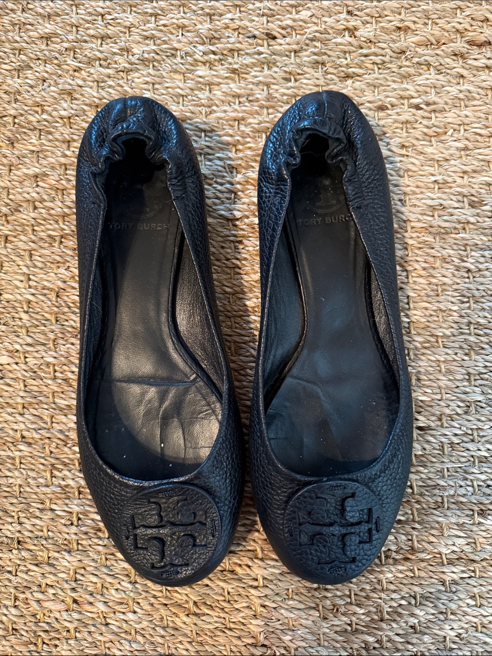Tory Burch Black Pebbled Leather Logo Ballet Flats